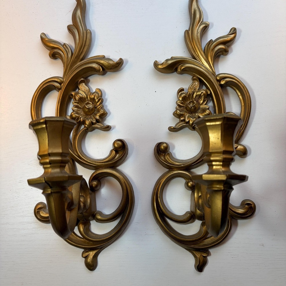 Vintage Syroco Wall Sconces Gold Rococo Candle Holders Hollywood Regency USA